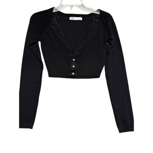Zara Women Black Cropped Long Sleeve V-Neck Button Front Cardigan Small